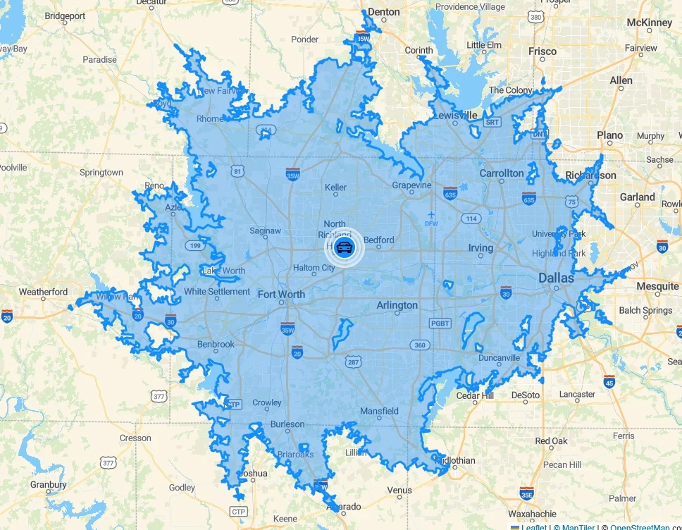 Map of the 2S Exterior Services coverage area across the DFW Metroplex