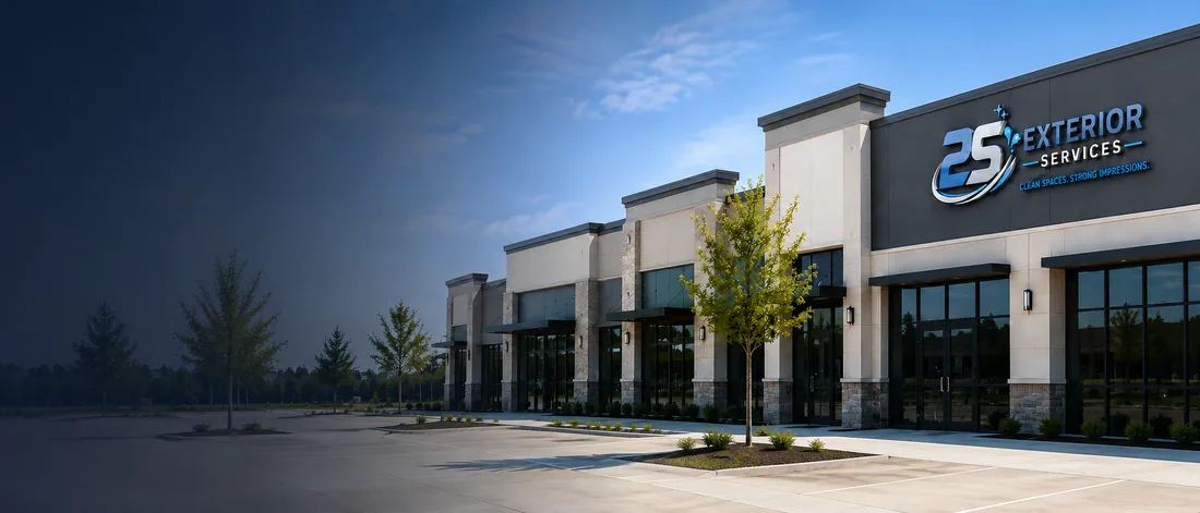 Commercial retail center with clean exterior walkways and parking